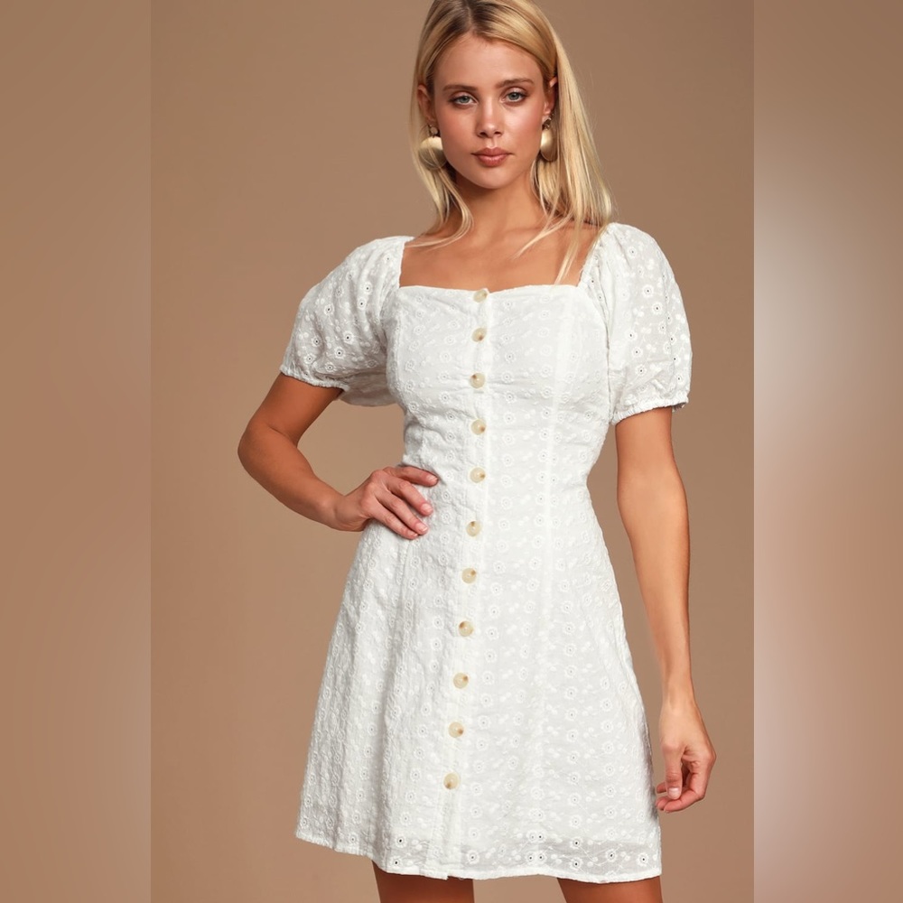 Lulu’s sweet sonata white eyelet button front puff sleeve mini dress